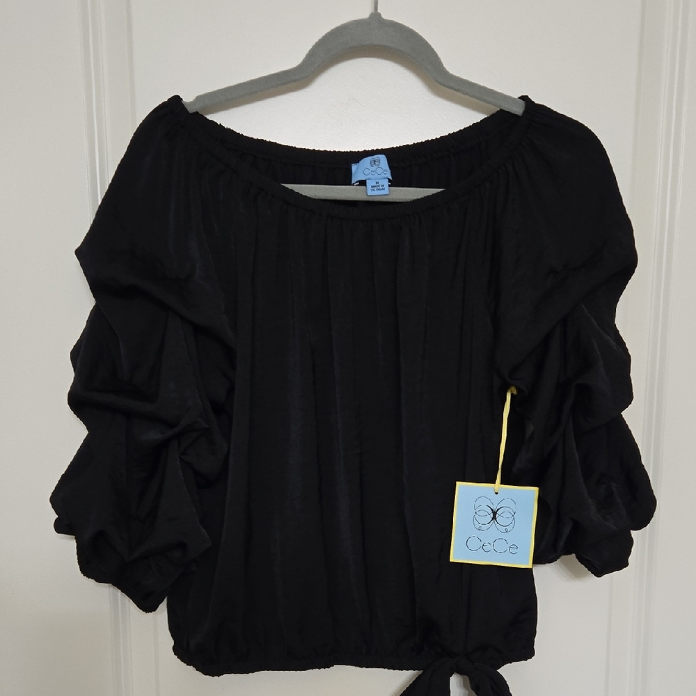 CeCe Black Ruched Sleeve Tie-Front Blouse